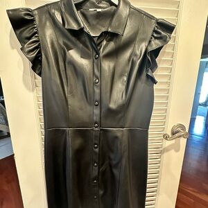 BB Dakota Black Faux Leather Midi Dress with Ruffle Sleeves